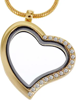 RUBYCA Living Memory Heart Locket Snake Chain Necklace Crystal Floating Charm DIY Gold Tone 1Pcs