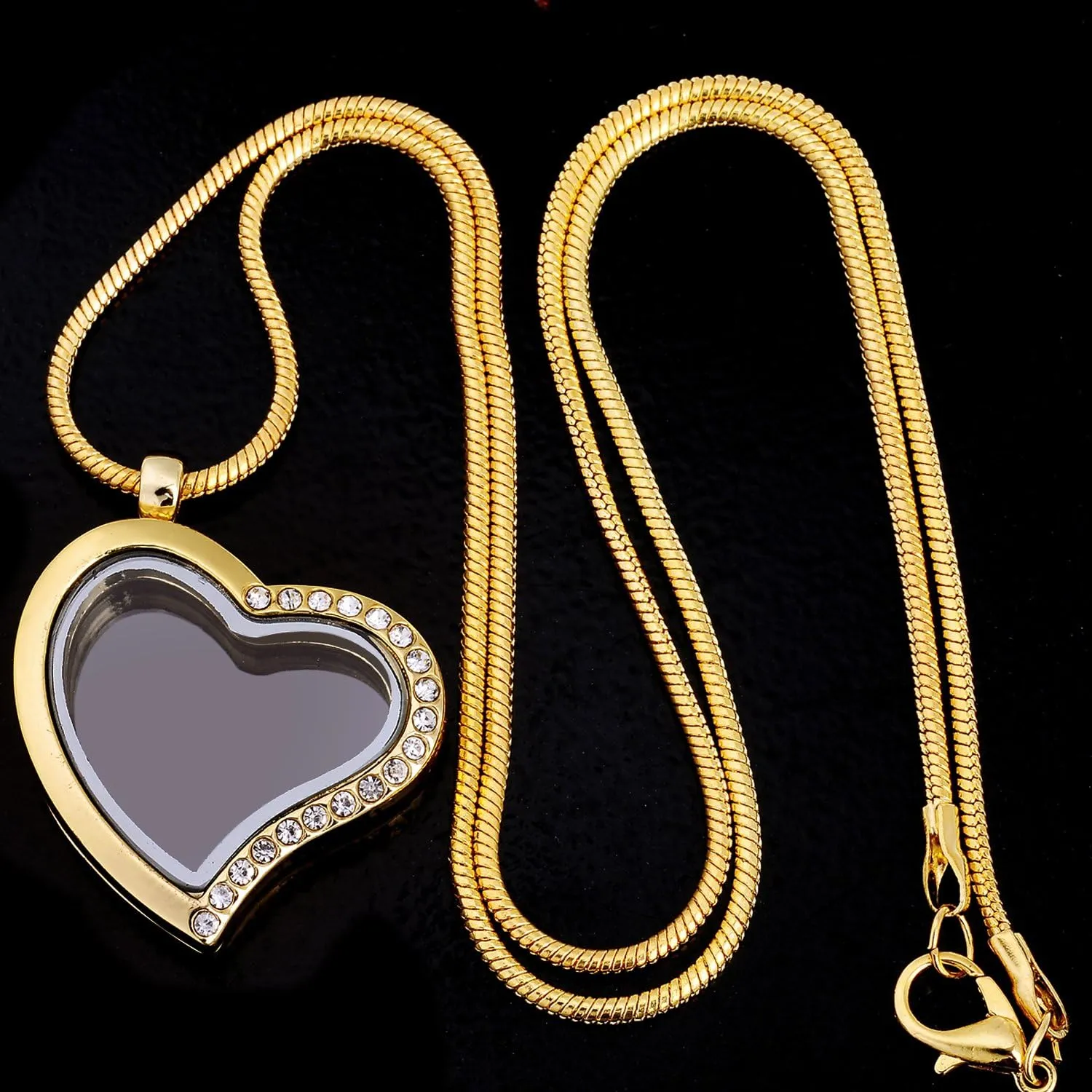 RUBYCA Living Memory Heart Locket Snake Chain Necklace Crystal Floating Charm DIY Gold Tone 1Pcs