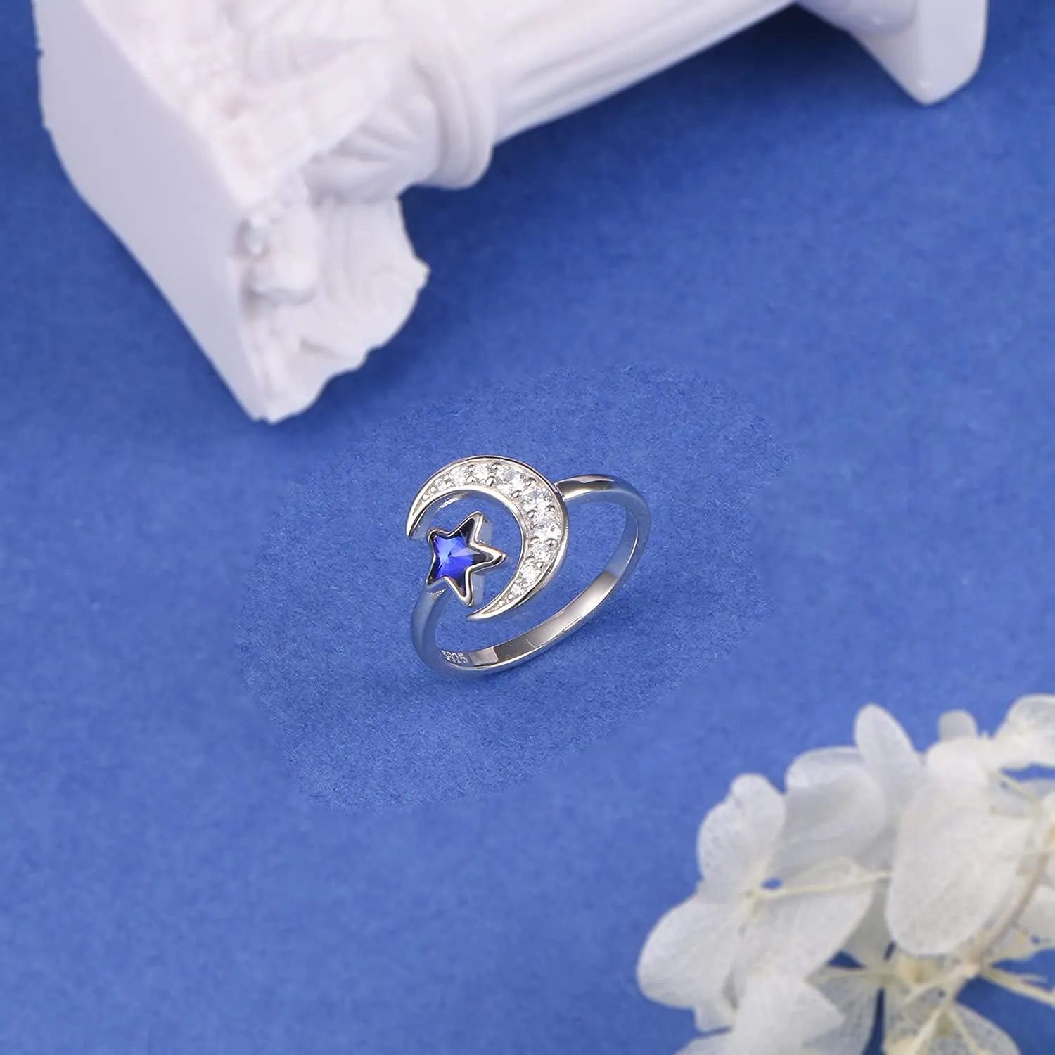 S925 Sterling Silver Rings for Women, Snake/Rose Flower/Leaf /I am enough/Elephant/Crescent Moon and Star/Natural Moonstone/Gothic Black Skull/Couple Inspirational Band Rings Adjustable Size Ring Birthday Christmas Gifts for Women