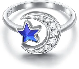 S925 Sterling Silver Rings for Women, Snake/Rose Flower/Leaf /I am enough/Elephant/Crescent Moon and Star/Natural Moonstone/Gothic Black Skull/Couple Inspirational Band Rings Adjustable Size Ring Birthday Christmas Gifts for Women