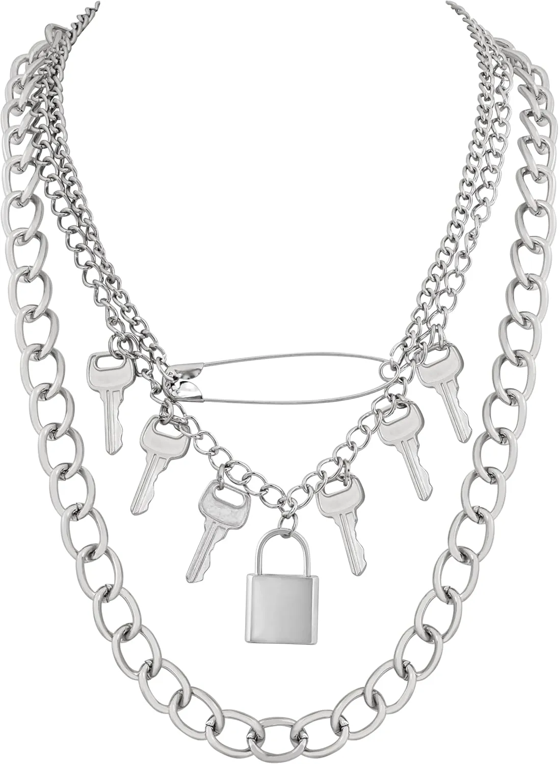 Sacina Silver-tone Layered Lock Choker Necklace, Grunge Emo Punk Gothic Necklace, Christmas Jewelry Gift for Women