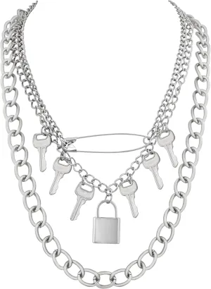 Sacina Silver-tone Layered Lock Choker Necklace, Grunge Emo Punk Gothic Necklace, Christmas Jewelry Gift for Women