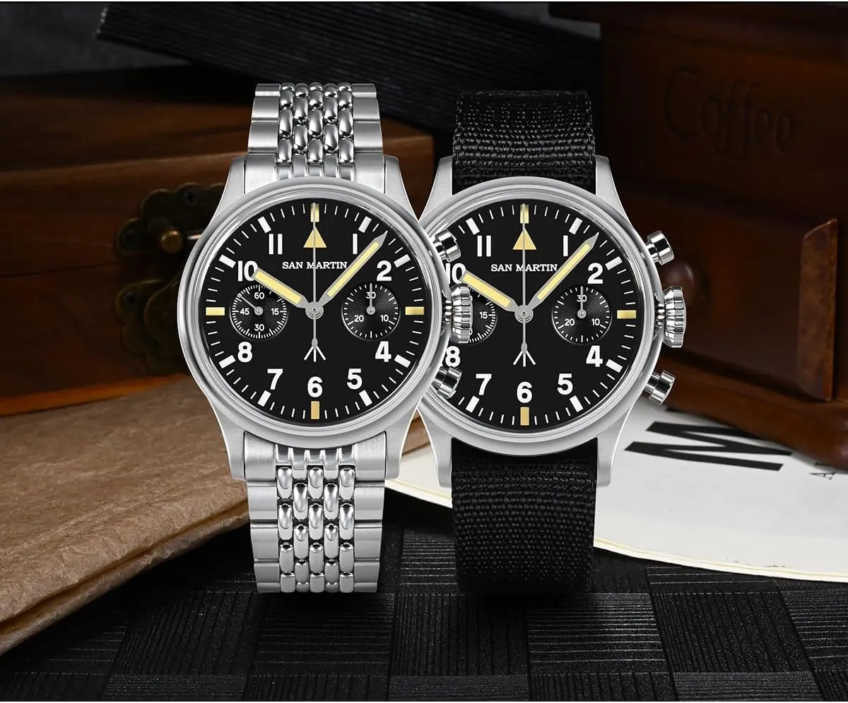 San Martin 38.5mm Chronograph Men's Pilot Watch Luxury ST1901 Manual Mechanical Military Flieger Wristwatches