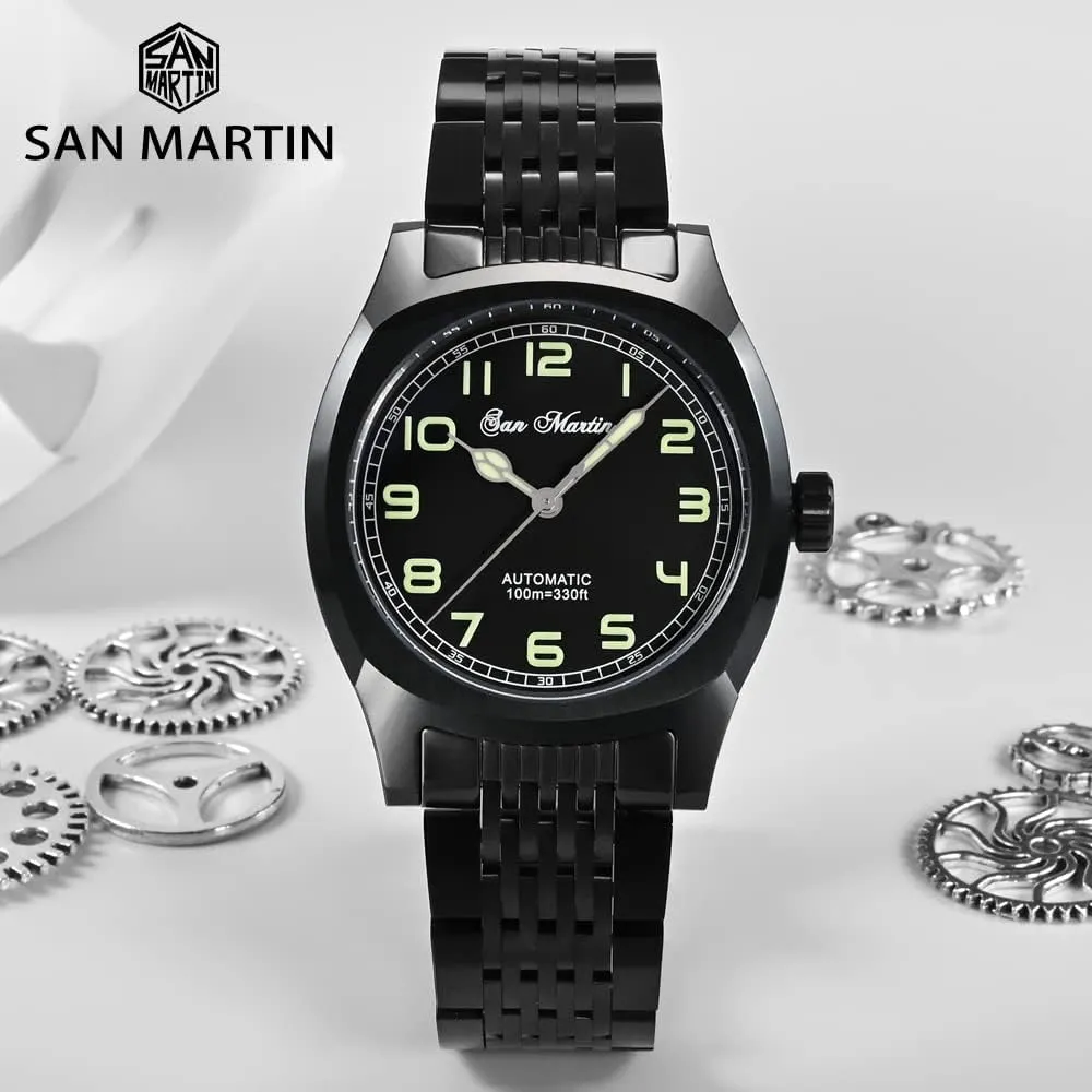 San Martin 38mm Original Plating Black Vintage Sports Mens Watches Sapphire Glass Simple Military Style Watch Classic Luxury Men Mechanical Wristwatches