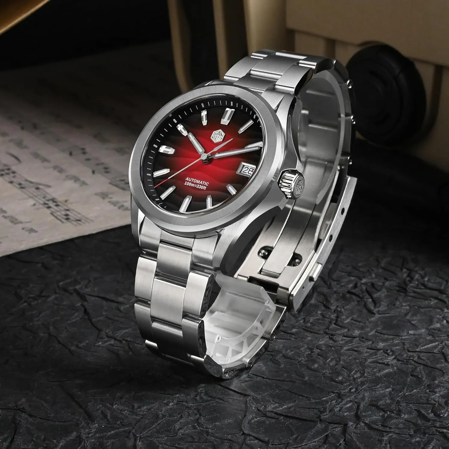 San Martin Men Watch SN0129GC, 39 mm Desert Texture Men Dress Watch, 10 Bar Waterproof Diver Watch, NH35A Automatic Mechanical Stainless Teel Wrist Watches