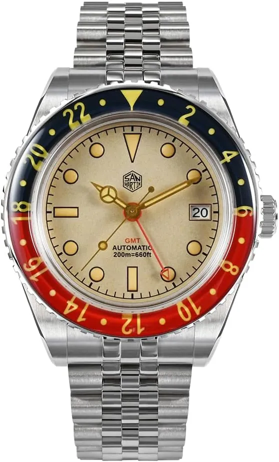 San Martin Vintage Sports Automatic Mechanical Men Watch Bidirectional Sapphire Glass Bezel NH34 GMT Watch