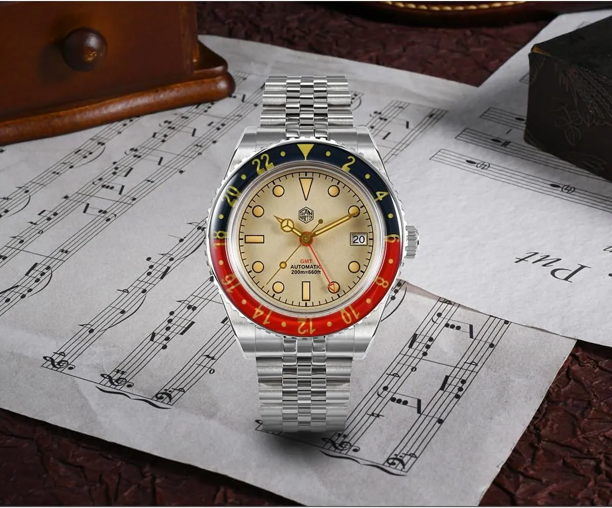 San Martin Vintage Sports Automatic Mechanical Men Watch Bidirectional Sapphire Glass Bezel NH34 GMT Watch