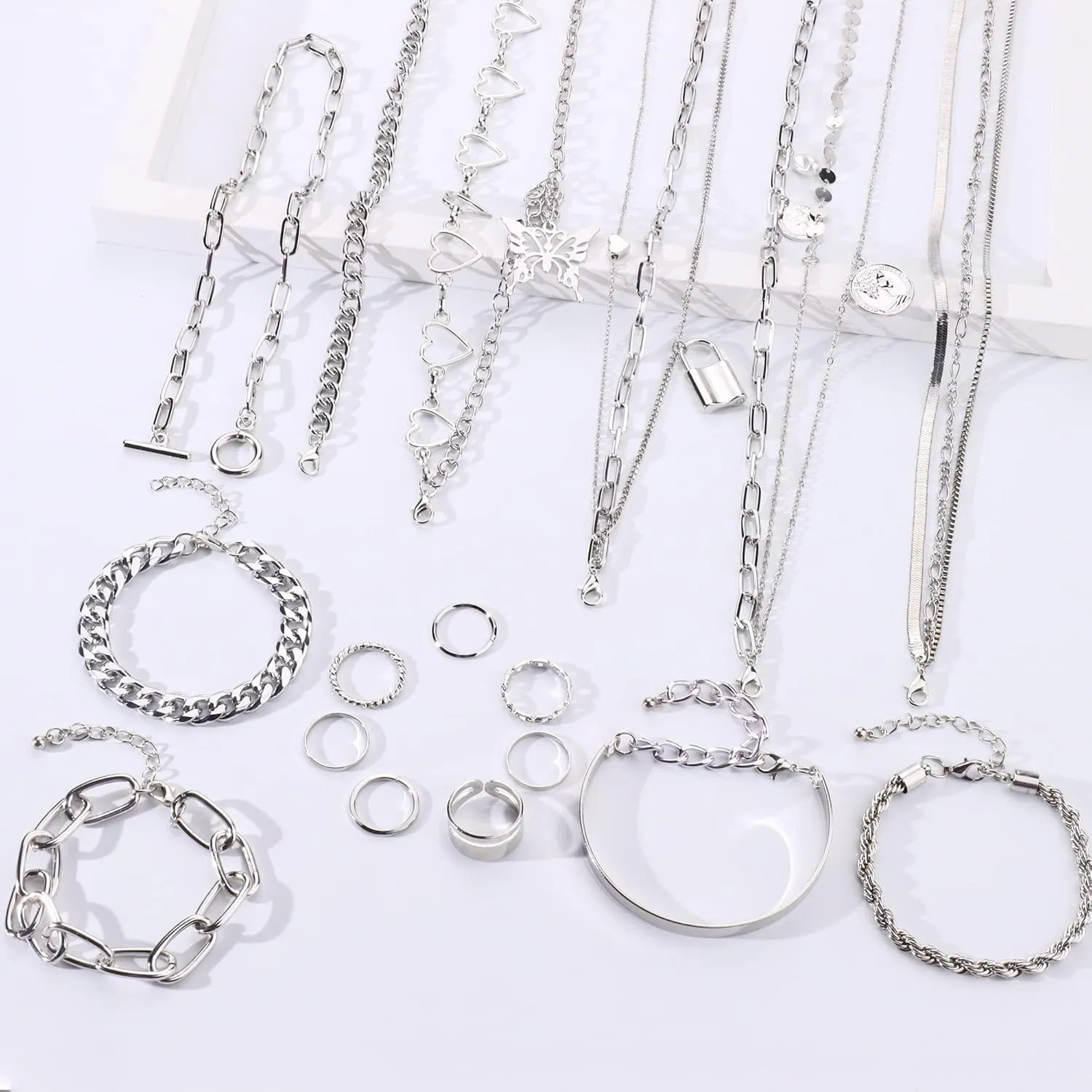 Sanfenly Gold Jewelry Sets for Women Gold Layered Necklaces Chunky Bracelets Knuckle Rings Set Costume Accessories Jewelry
