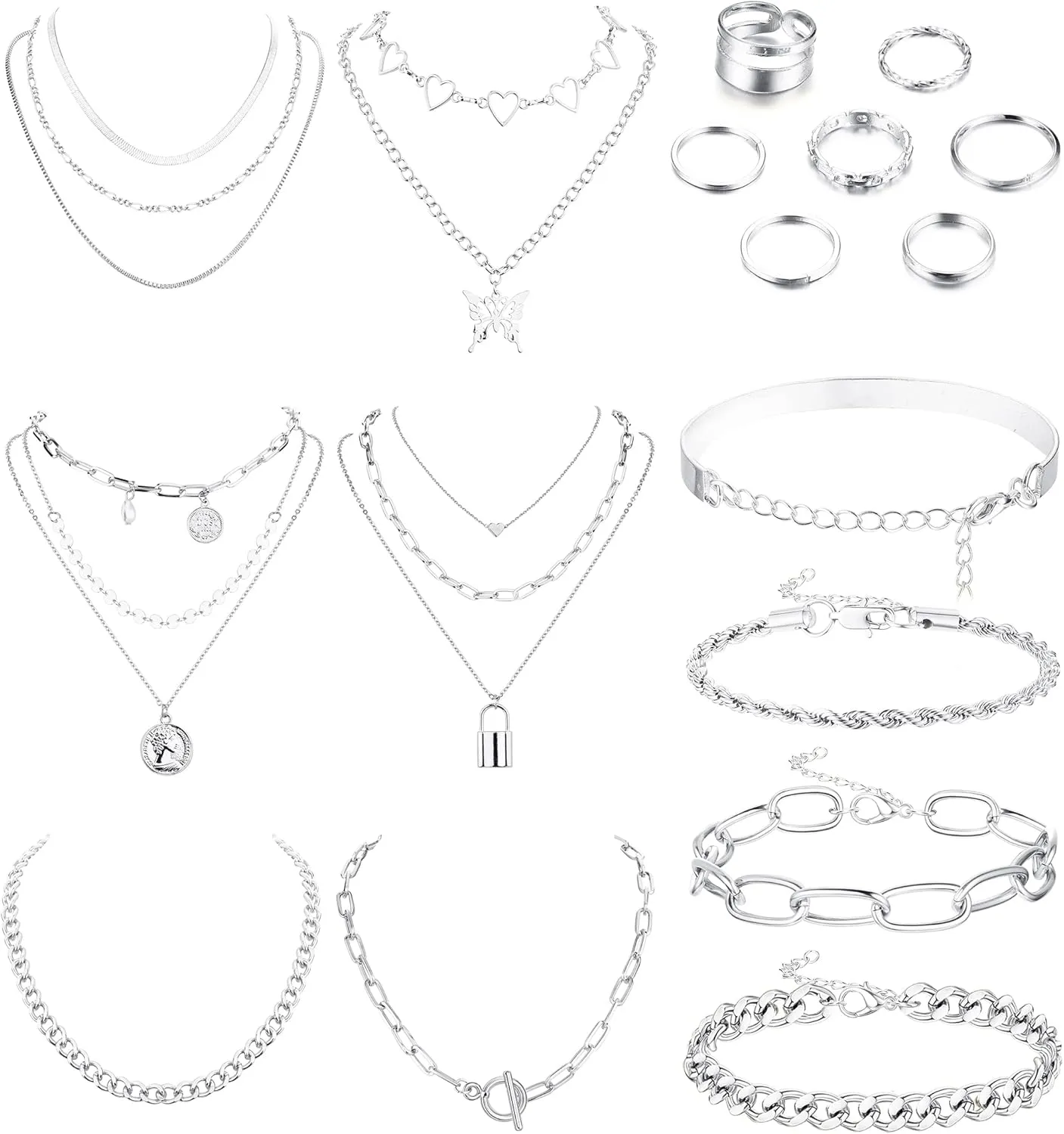 Sanfenly Gold Jewelry Sets for Women Gold Layered Necklaces Chunky Bracelets Knuckle Rings Set Costume Accessories Jewelry