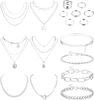 Sanfenly Gold Jewelry Sets for Women Gold Layered Necklaces Chunky Bracelets Knuckle Rings Set Costume Accessories Jewelry