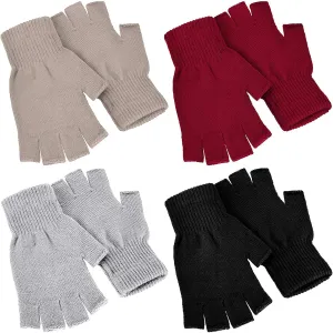 SATINIOR 4 Pairs Winter Half Finger Gloves Knitted Fingerless Mittens Warm Stretchy Gloves for Men and Women