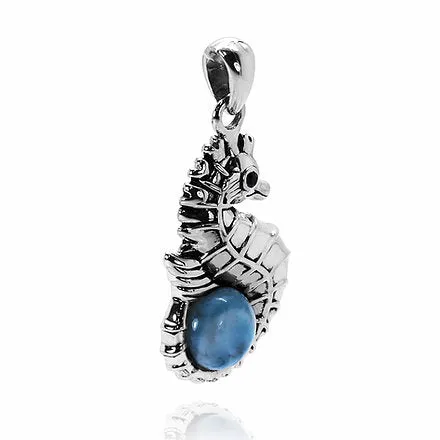 Seahorse Necklace with Larimar and Black Spinel - Miami