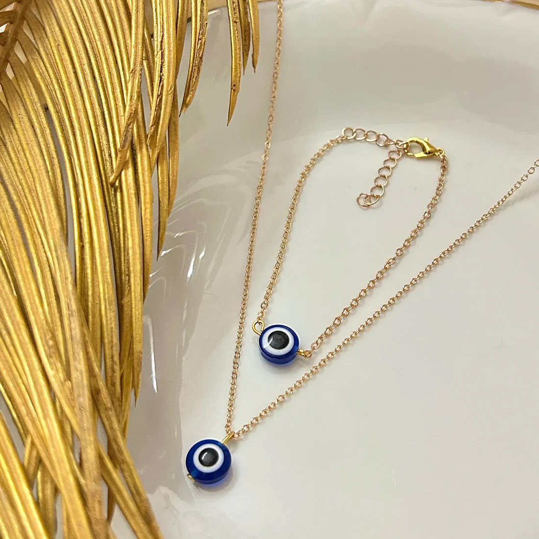Set of 2 Evil Eye Pendant Gold-Toned Necklace & Bracelet