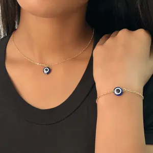 Set of 2 Evil Eye Pendant Gold-Toned Necklace & Bracelet