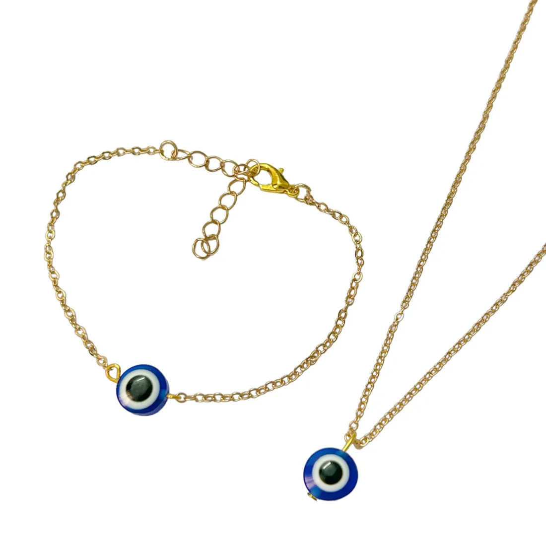 Set of 2 Evil Eye Pendant Gold-Toned Necklace & Bracelet