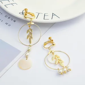 Shell Pearl Leaf Geometric Clip On Earrings Women's Luxury Long Handmade Geometric Drop Earrings Charm Jewelry