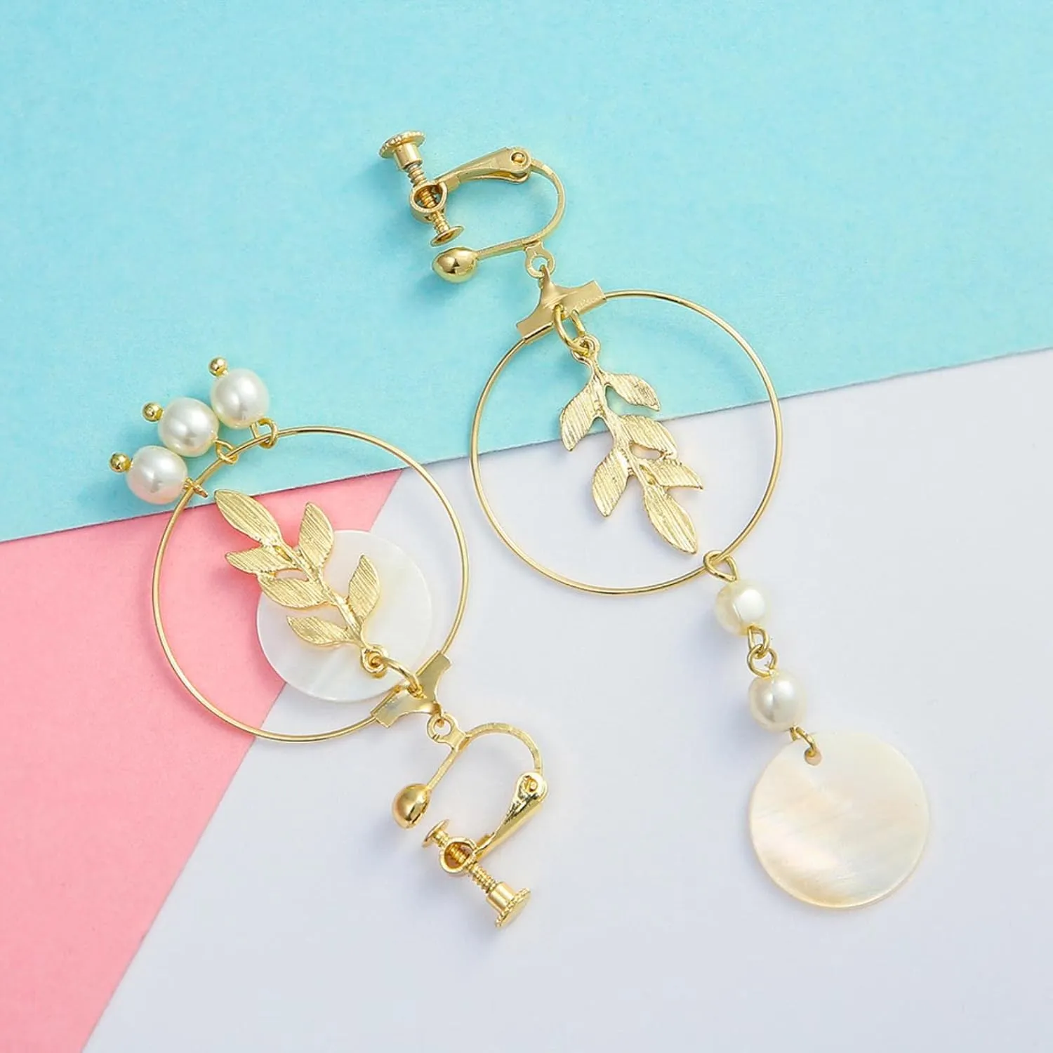 Shell Pearl Leaf Geometric Clip On Earrings Women's Luxury Long Handmade Geometric Drop Earrings Charm Jewelry