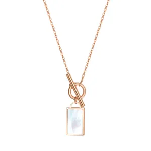 Shell Rectangle Pendant T-Bar Chain Necklace Rose Gold