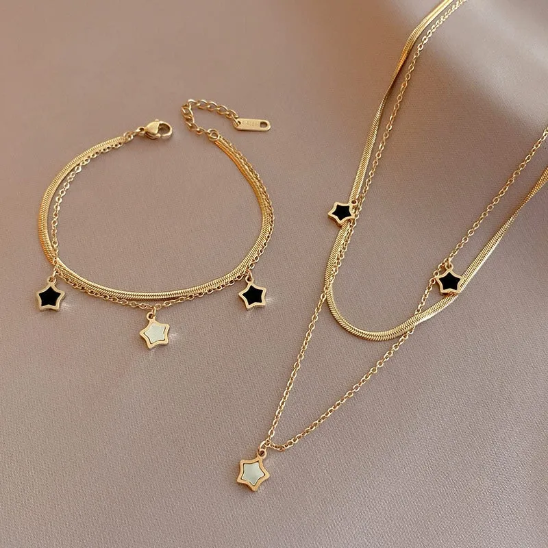 Shoot for the Stars Black and White Multilayer Necklace and Bracelet Collection