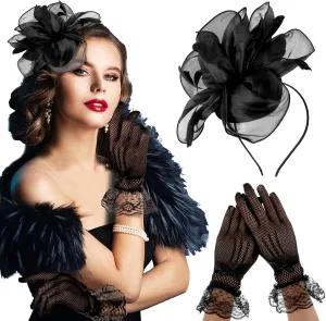 Sibba Tea Party Hat with Lace Gloves 1920s Vintage Fascinator Hats Cocktail Flower Headpiece for Women Girl Black Wedding