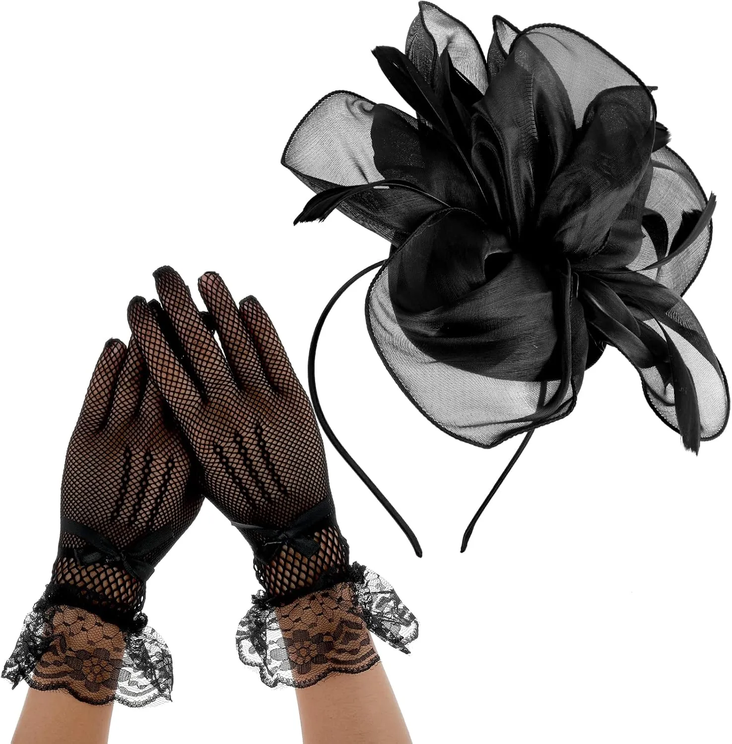 Sibba Tea Party Hat with Lace Gloves 1920s Vintage Fascinator Hats Cocktail Flower Headpiece for Women Girl Black Wedding