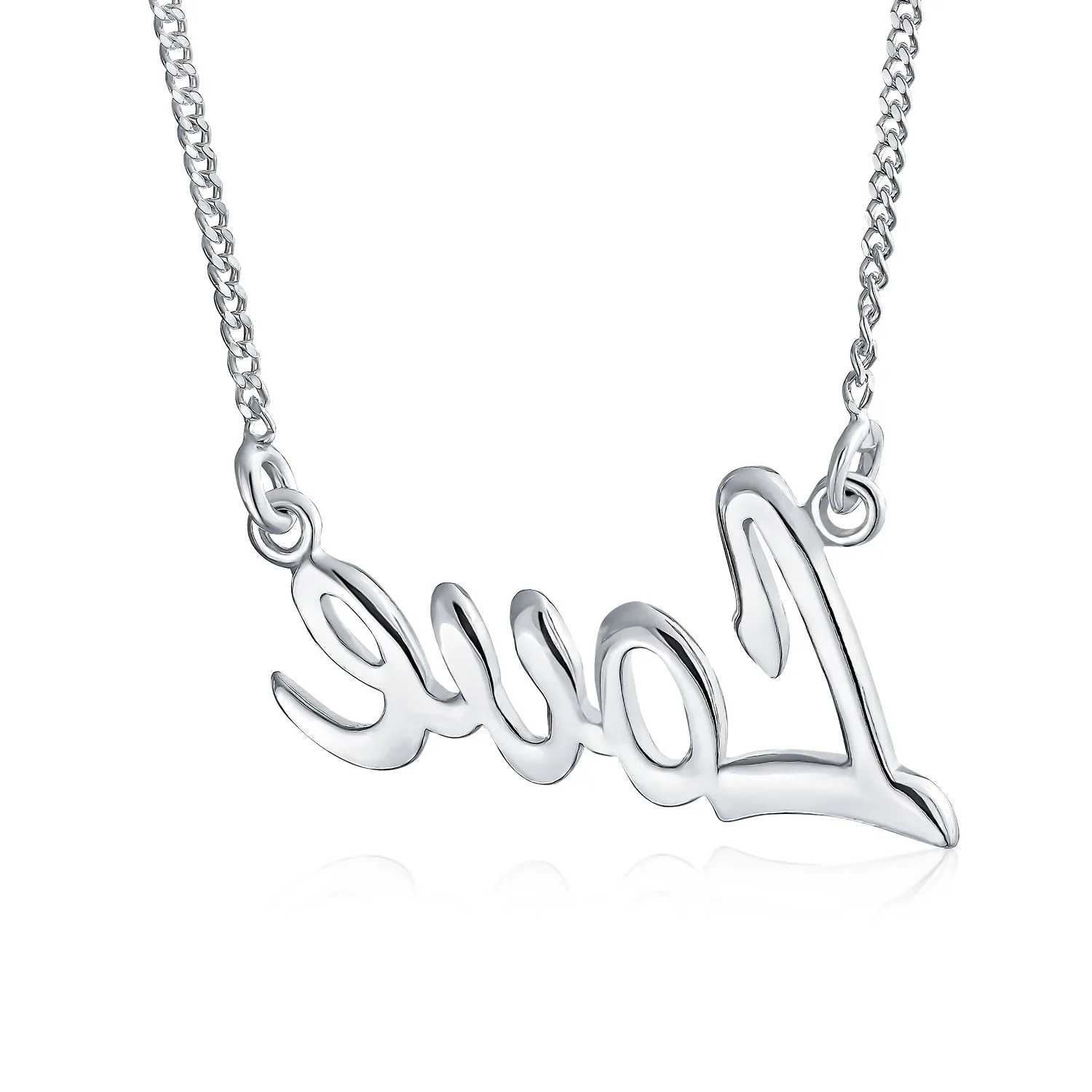 Sideways Script Word LOVE Necklace Pendant .925Sterling Silver 16"