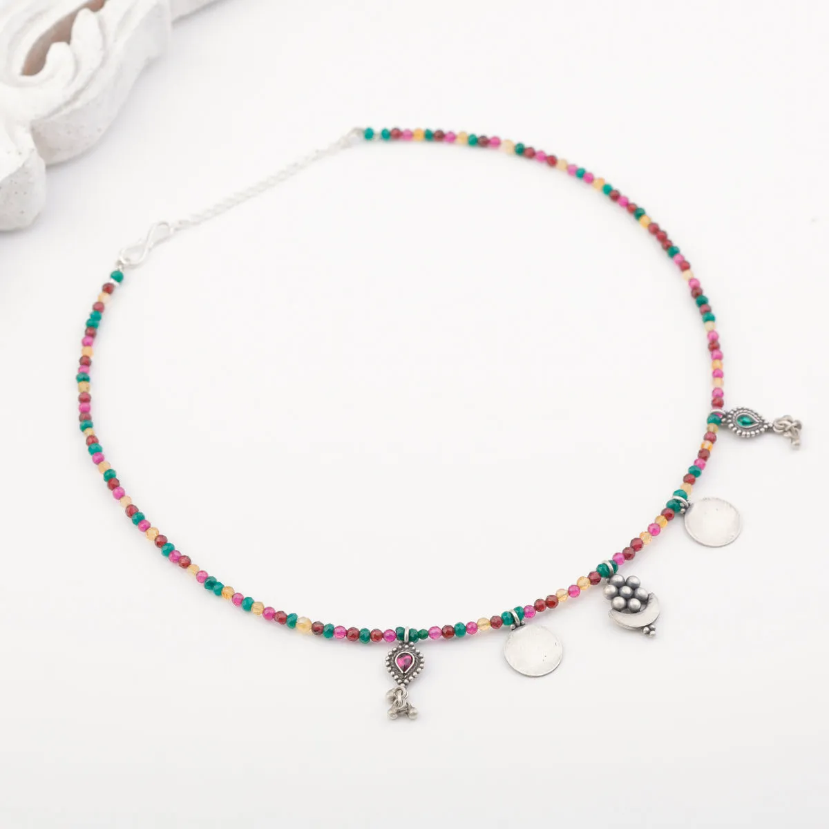 Silver 5 Charm Necklace with Multicolor Stones