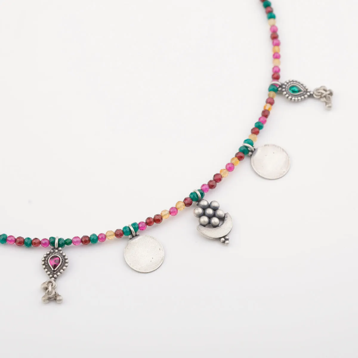 Silver 5 Charm Necklace with Multicolor Stones
