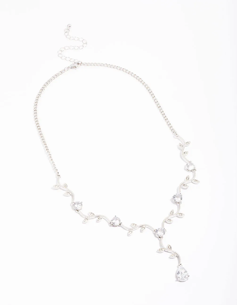 Silver Cubic Zirconia Floral Teardrop Y-Shape Necklace