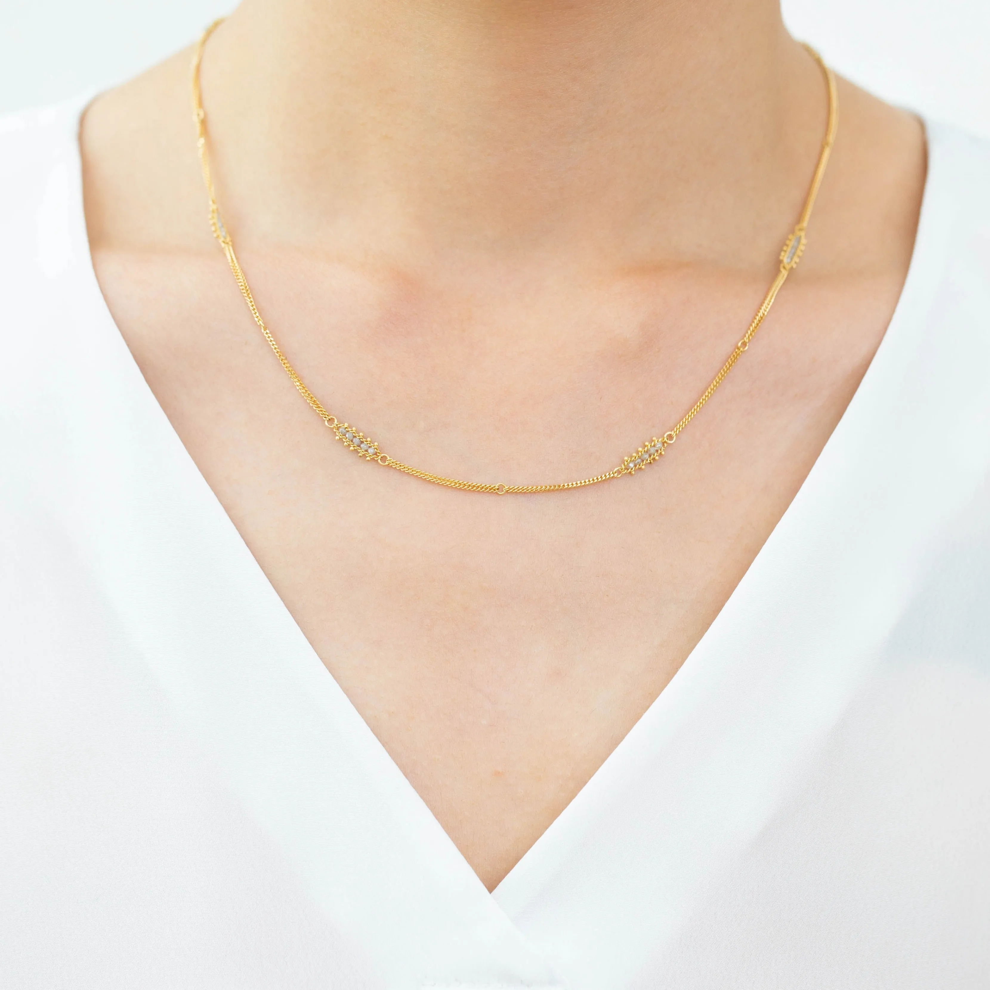 Silver diamond textile station necklace