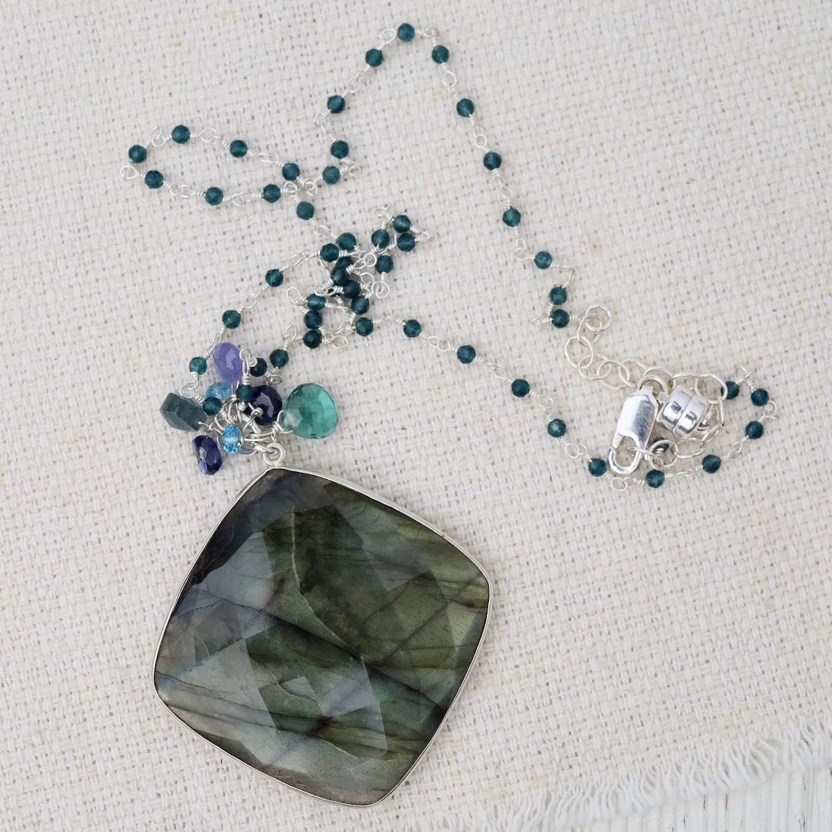 Silver Large Labradorite Square Pendant on Bead Chain Necklace