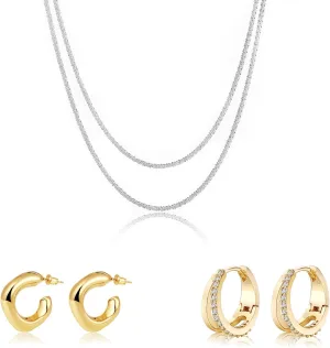 Silver Layered Choker Necklace and Gold Hoop Earrings Set for Women Chunky Gold Hoop Earrings Chain Necklace Stacking Double Layered Necklace Jewelry for Women Jewelry Gifts