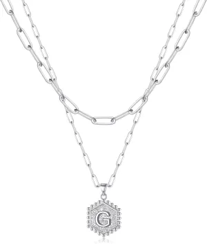 Silver Layered Initial Necklaces for Women, 14K White Gold Plated Paperclip Chain Necklace Hexagon Letter Pendant Initial Simple Choker Necklace Layered Silver Necklace for Women Jewelry Gifts