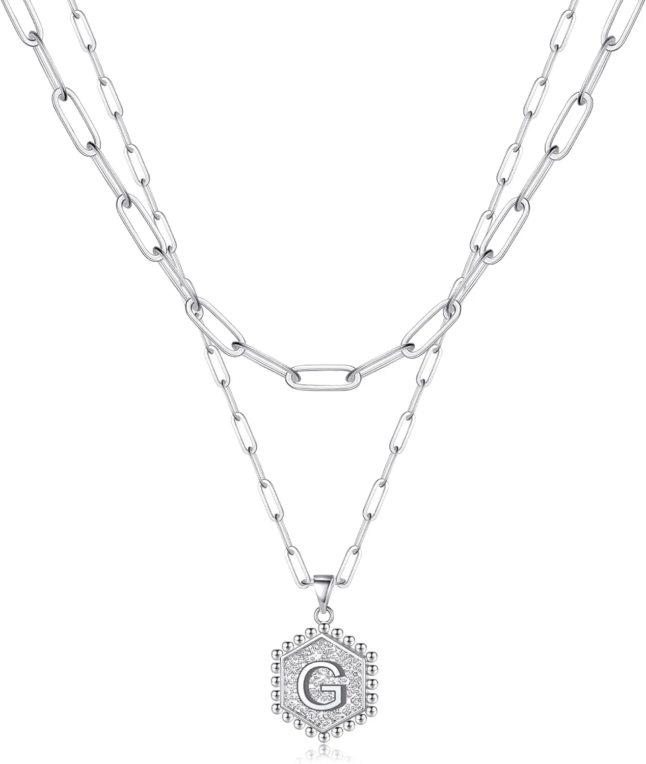 Silver Layered Initial Necklaces for Women, 14K White Gold Plated Paperclip Chain Necklace Hexagon Letter Pendant Initial Simple Choker Necklace Layered Silver Necklace for Women Jewelry Gifts