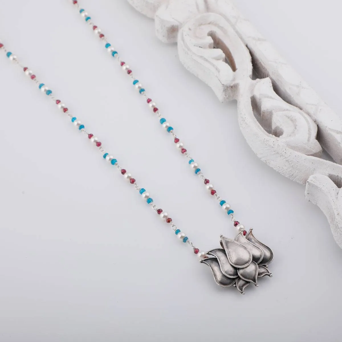 Silver Lotus Pendant Necklace with Chalcedony, Garnet and Pearls