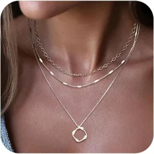 Silver Necklaces Stack For Women,Sterling Silver Plated Simple Layered Choker Necklaces For Women,Stackable Multilayer Silver Circle Pendant Strip Chain Paperclip Chain Layering Necklaces Set For Women Jewelry Gift for Women
