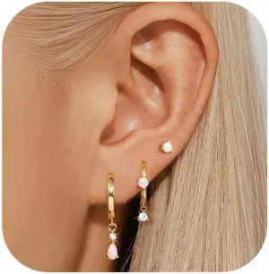 Silver Opal Earrings Set For Women,Sterling Silver Opal Earrings,14k Blue Opals Jewelry Stud Dainty Cartilage Earring,Earring Stack Cartilage Stackable,Birthday Mother's Day Gift For Mom Wife