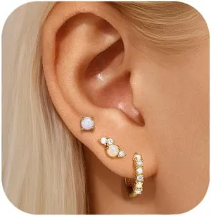 Silver Opal Earrings Set For Women,Sterling Silver Opal Earrings,14k Blue Opals Jewelry Stud Dainty Cartilage Earring,Earring Stack Cartilage Stackable,Birthday Mother's Day Gift For Mom Wife