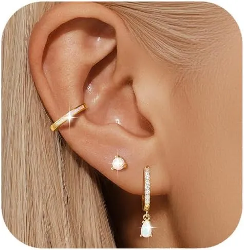 Silver Opal Earrings Set For Women,Sterling Silver Opal Earrings,14k Blue Opals Jewelry Stud Dainty Cartilage Earring,Earring Stack Cartilage Stackable,Birthday Mother's Day Gift For Mom Wife