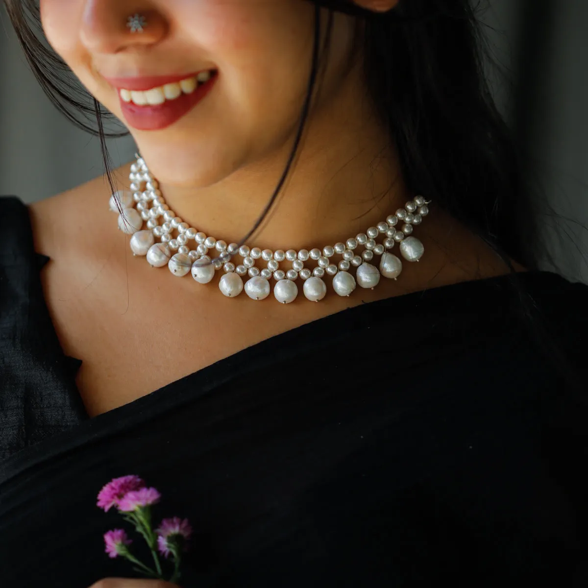 Silver Pearl Cluster Choker