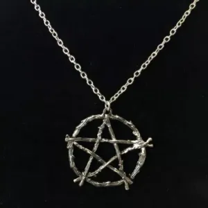 Silver Textured Wooden Pentagram Pendant Necklace