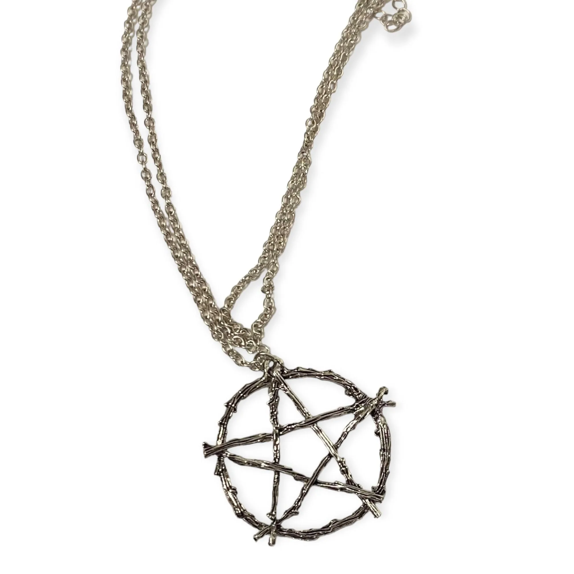 Silver Textured Wooden Pentagram Pendant Necklace