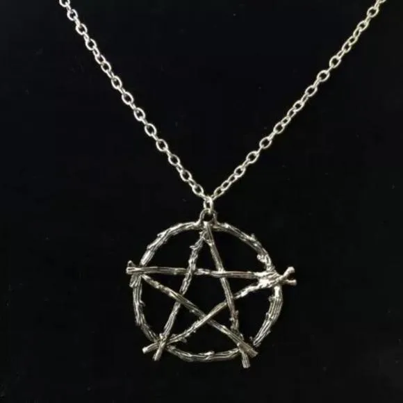 Silver Textured Wooden Pentagram Pendant Necklace