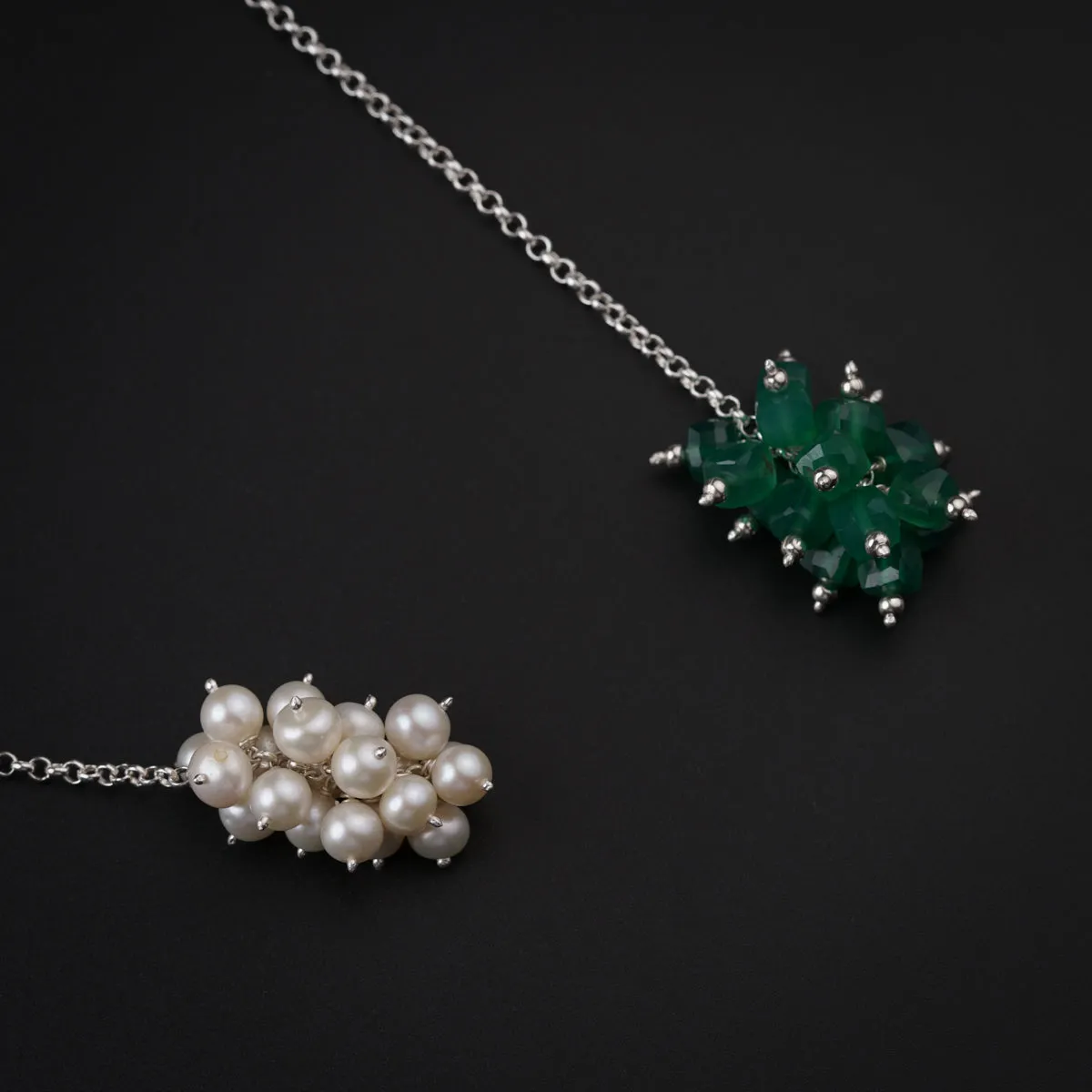 Silver Tie & Wear Necklace with Pearls & Green Onyx