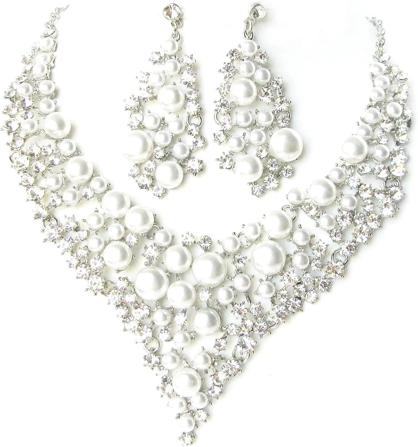 Simulated Button Pearl Silver Tone Rhinestone Statement Jewelry Necklace Weddings or Pageants Statement Wedding Necklace Fashion Jewelry