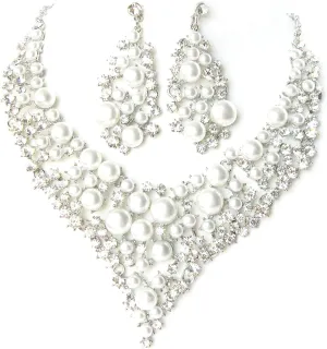Simulated Button Pearl Silver Tone Rhinestone Statement Jewelry Necklace Weddings or Pageants Statement Wedding Necklace Fashion Jewelry