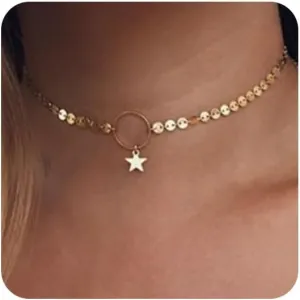 S.J JEWELRY Womens Simple Delicate Handmade 14k Gold Plated/Rose Gold Plated Dainty Circle Thin Open Circle Chain Star Choker Necklace