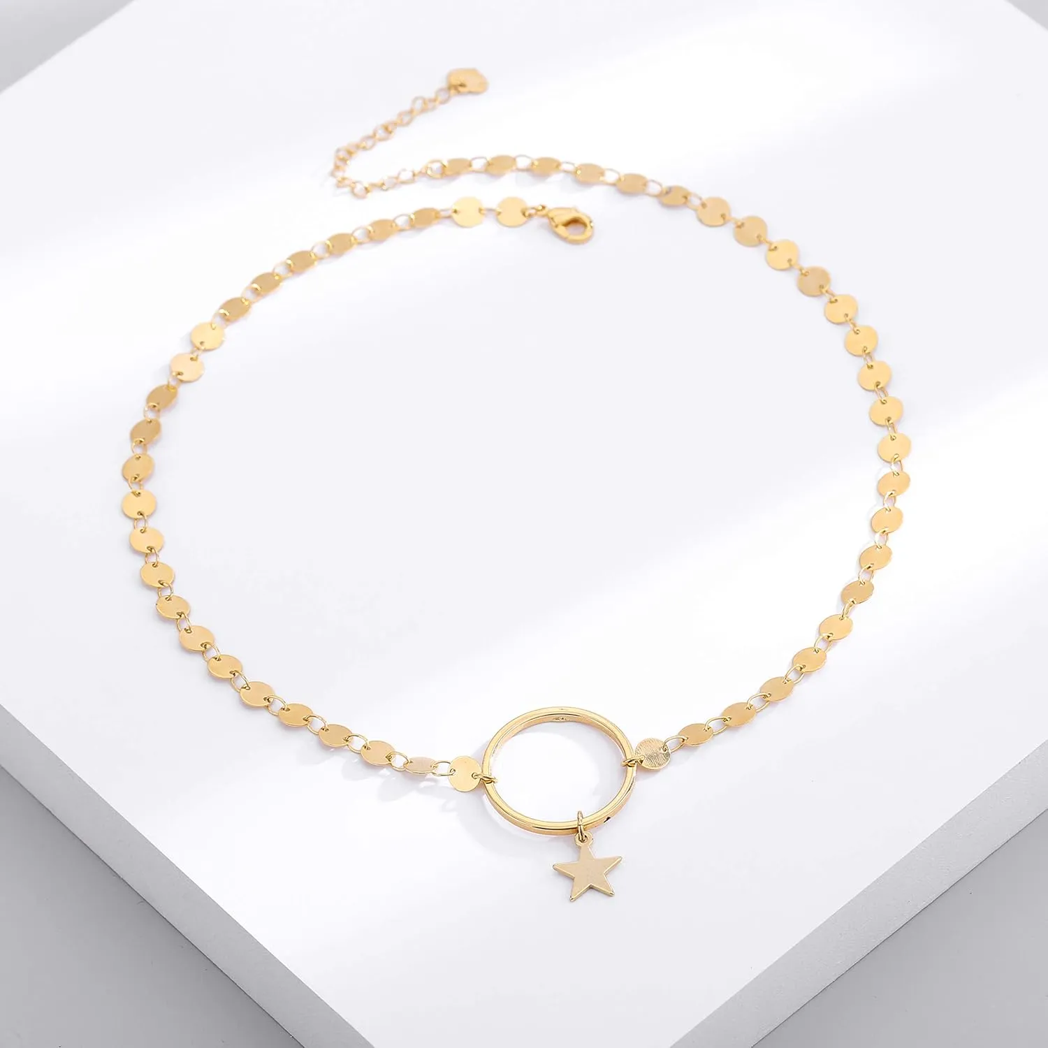 S.J JEWELRY Womens Simple Delicate Handmade 14k Gold Plated/Rose Gold Plated Dainty Circle Thin Open Circle Chain Star Choker Necklace