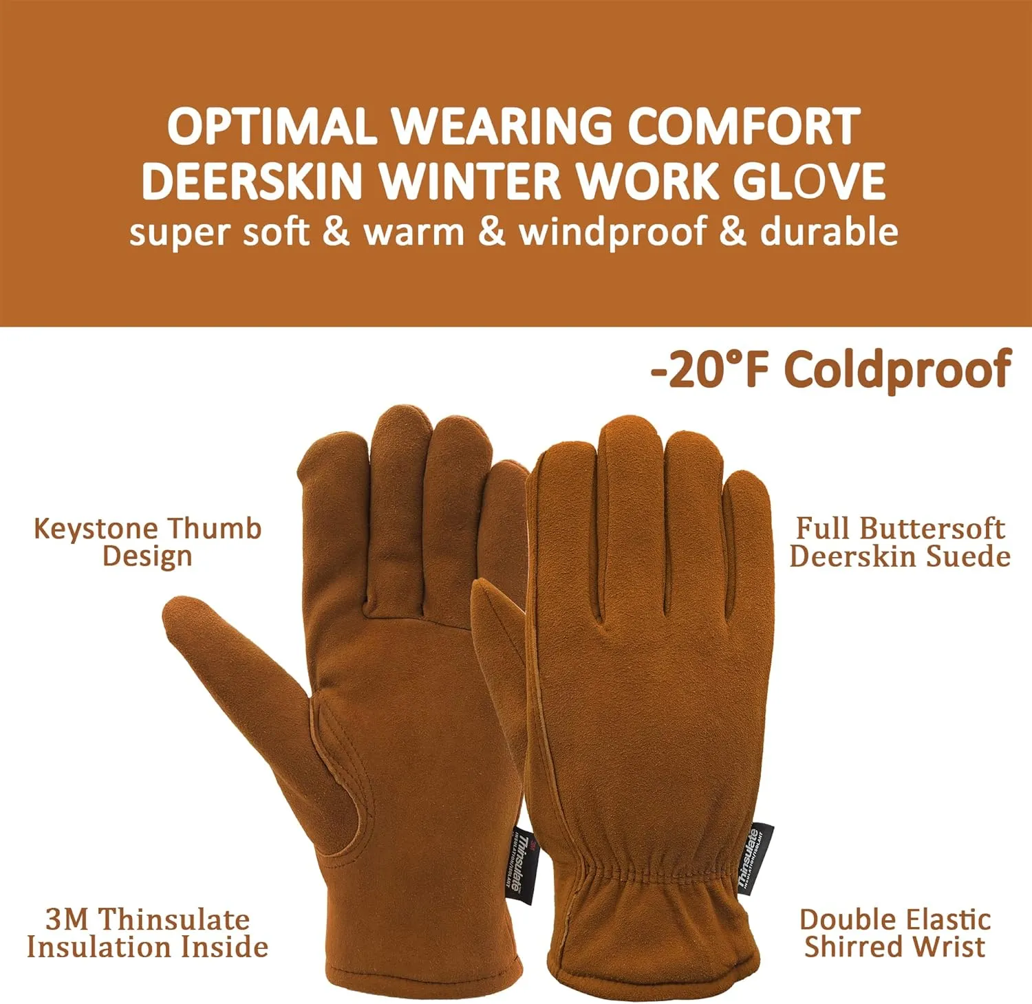 SKYDEER 3M Thinsulate Thermal Winter Work Gloves with Windproof Premium Genuine Deerskin Suede Leather (Unisex)