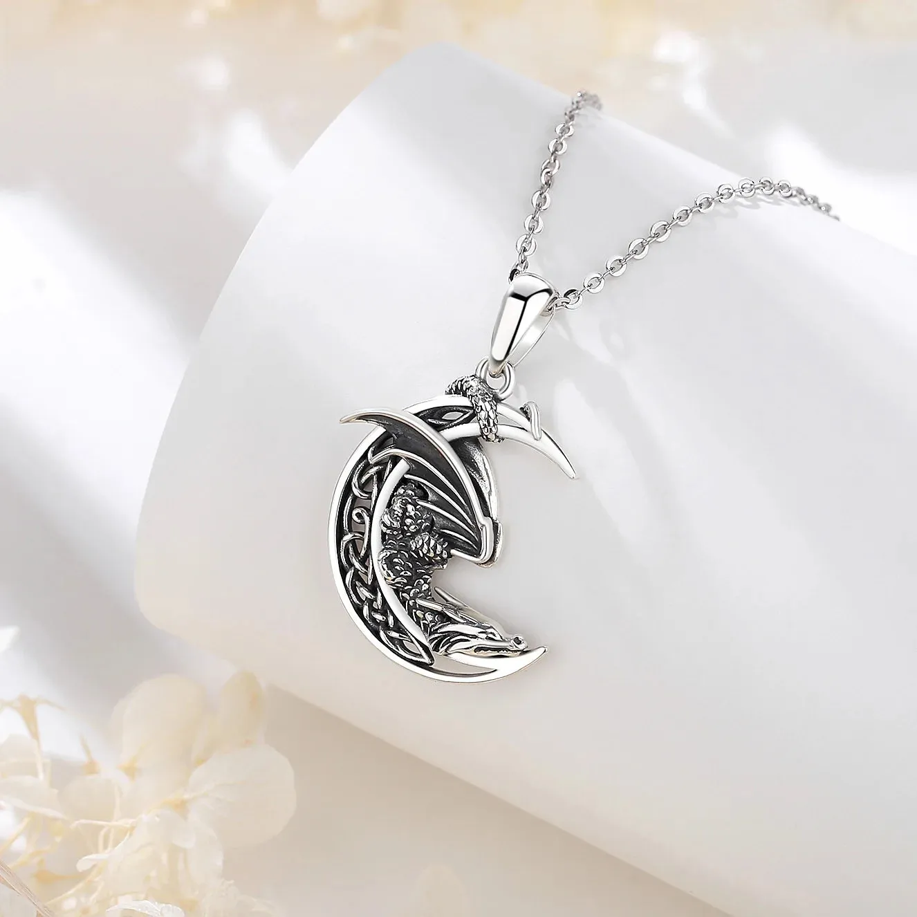 Slumbering Moon Dragon Sterling Silver Necklace